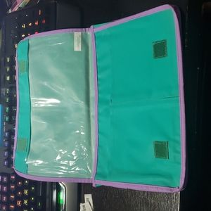Stayfree bag green with purple trim  size 10" W x 7"  H x 1" D